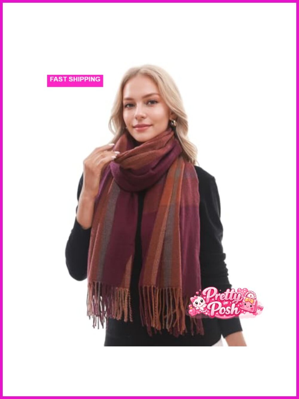 Plaid Pashmina Wrap Scarf Oversized Fringed Tartan Shawl Cape